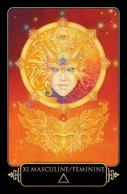 Dreams of Gaia card XI Masculine/Feminine — central serene figure flanked by gender symbols in orange-to-red color gradient.