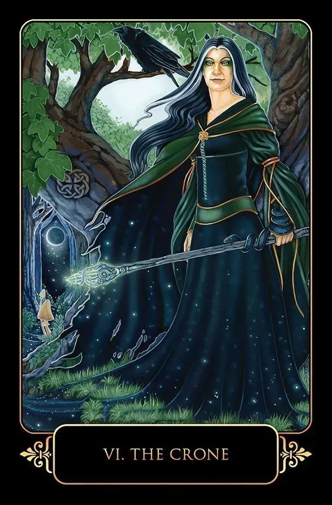 Dreams of Gaia card depicting a dark-robed figure in a forest holding a glowing staff — mysterious forest entrance in lush green background.