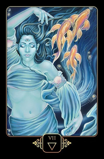 Dreams of Gaia card showing a mystical third-eye figure gesturing toward vibrant orange fish against deep blue water — tranquil water connection scene.