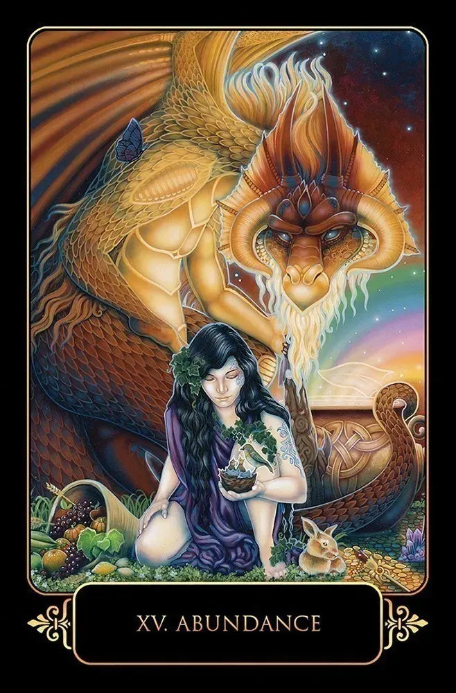 Dreams of Gaia oracle card depicting a woman kneeling among fruits and plants holding a small pot with a large dragon and rainbow behind her — Abundance card imagery.