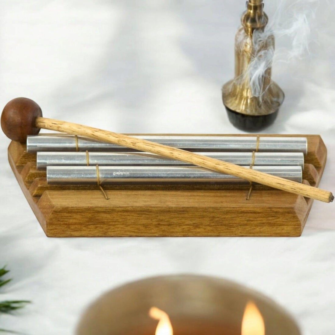 3-Tube Energy Tuning Chime – Sound Healing Tool with Wooden Base &amp; Mallet