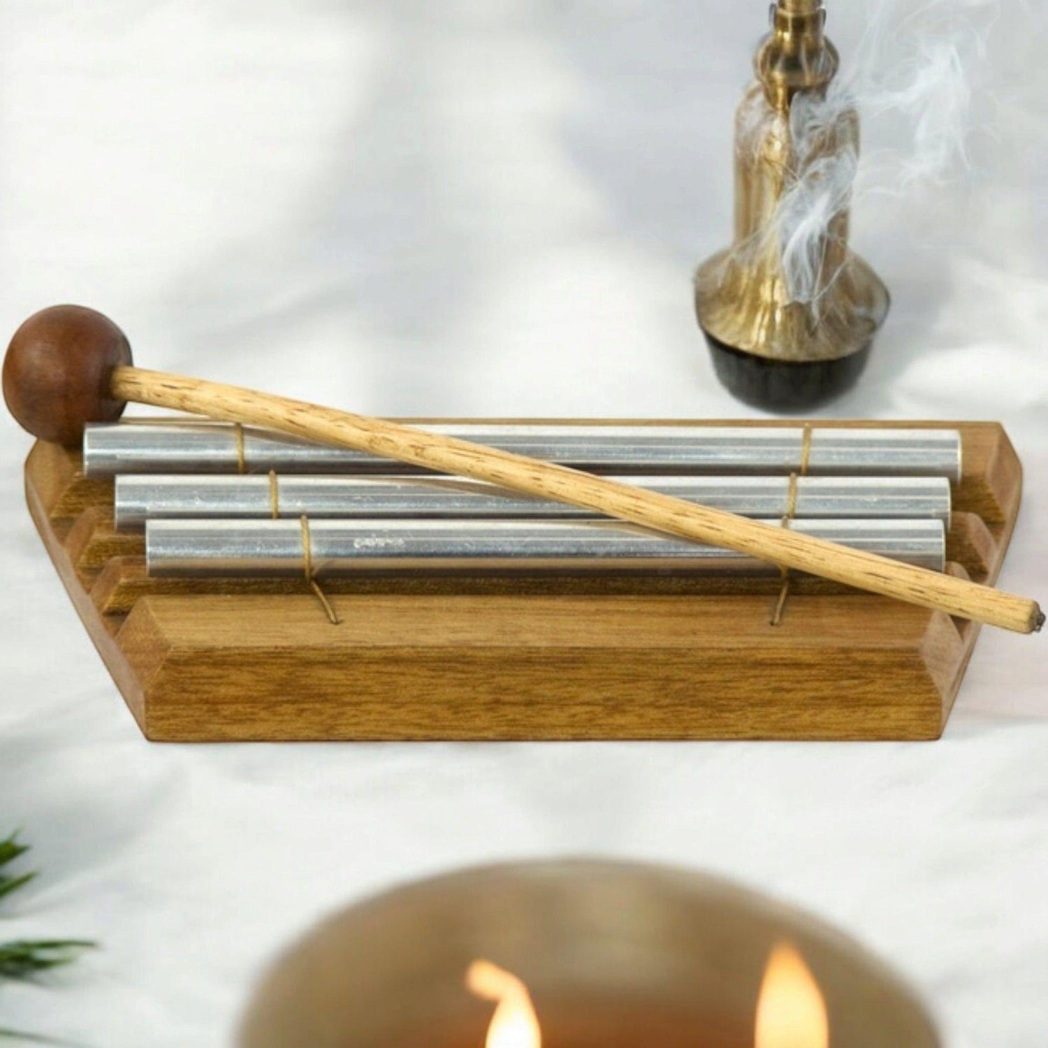 3-Tube Energy Tuning Chime – Sound Healing Tool with Wooden Base &amp; Mallet
