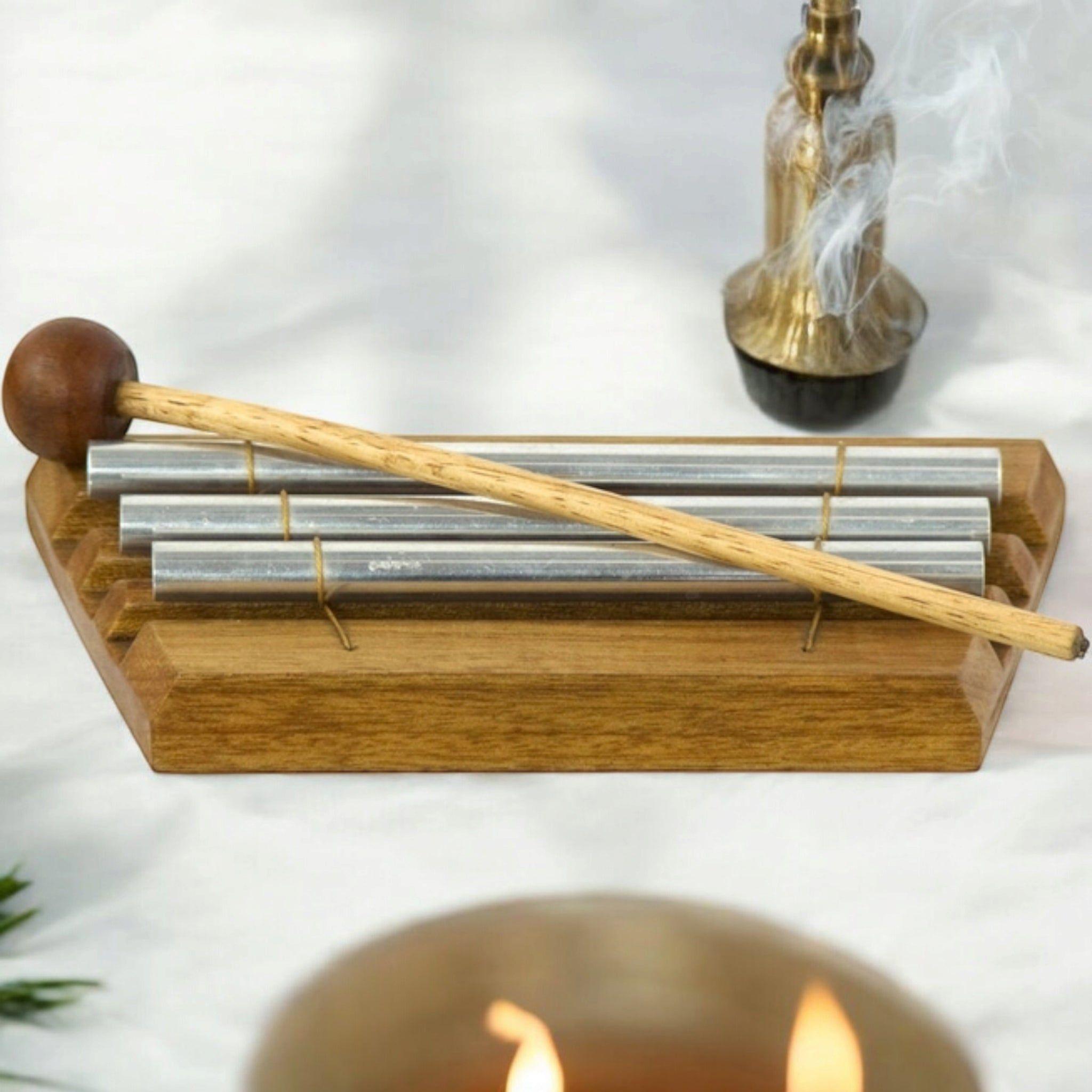 3-Tube Energy Tuning Chime – Sound Healing Tool with Wooden Base &amp; Mallet
