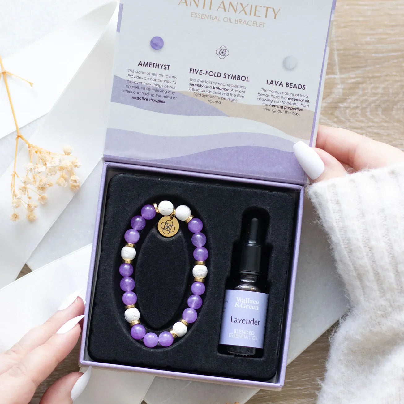 Anti-Anxiety Lava Bead &amp; Amethyst Essential Oil Bracelet Gift Set