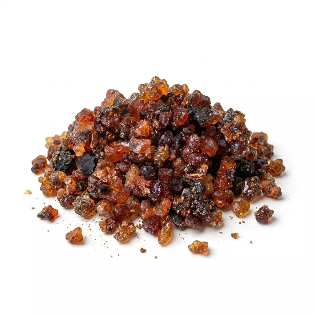 Small bag of Ethiopian Myrrh granular resin incense labeled 1618 Gold, showing dark amber resin granules, 1 oz size