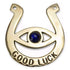 Golden brass-tone horseshoe charm with a central blue evil eye and "GOOD LUCK" inscription at the base, for wall hanging or altar placement.