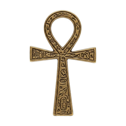 Golden brass ankh symbol with intricate engraving — 2.375 by 4 inch Egyptian Key of Life altar piece with traditional cross-and-loop design.