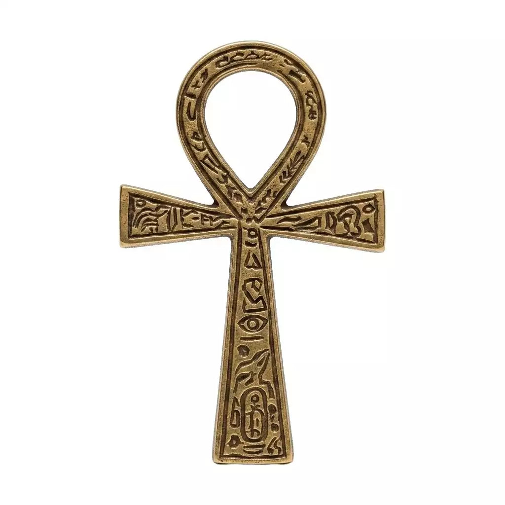 Golden brass ankh symbol with intricate engraving — 2.375 by 4 inch Egyptian Key of Life altar piece with traditional cross-and-loop design.