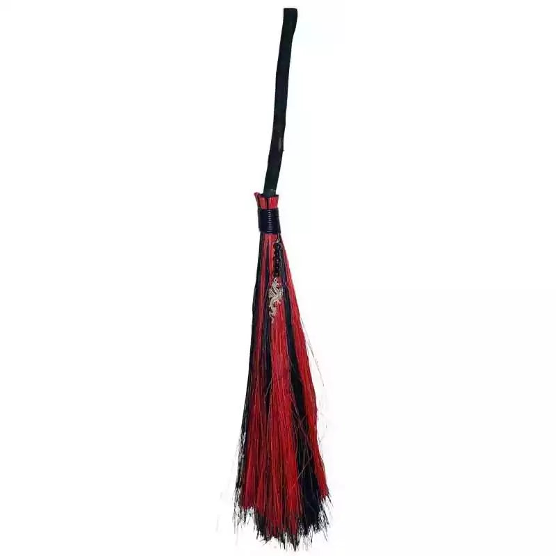 21-inch Dragon altar besom broom with long black wooden handle and dramatic red and black bristles — a ritual cleansing tool for draconic and witchcraft practice.