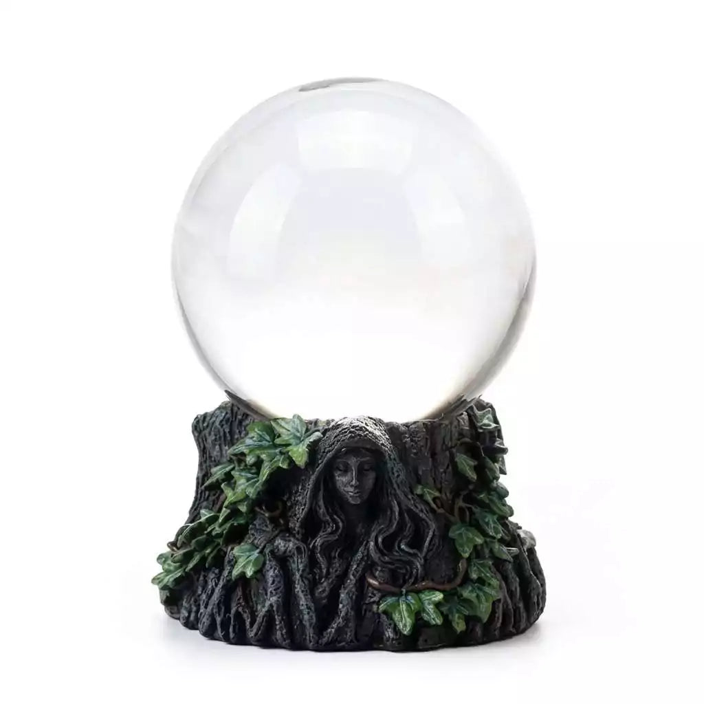 Triple Goddess crystal ball set — 100mm crystal ball on decorative goddess figure base with leaf and vine detailing representing Maiden Mother Crone.