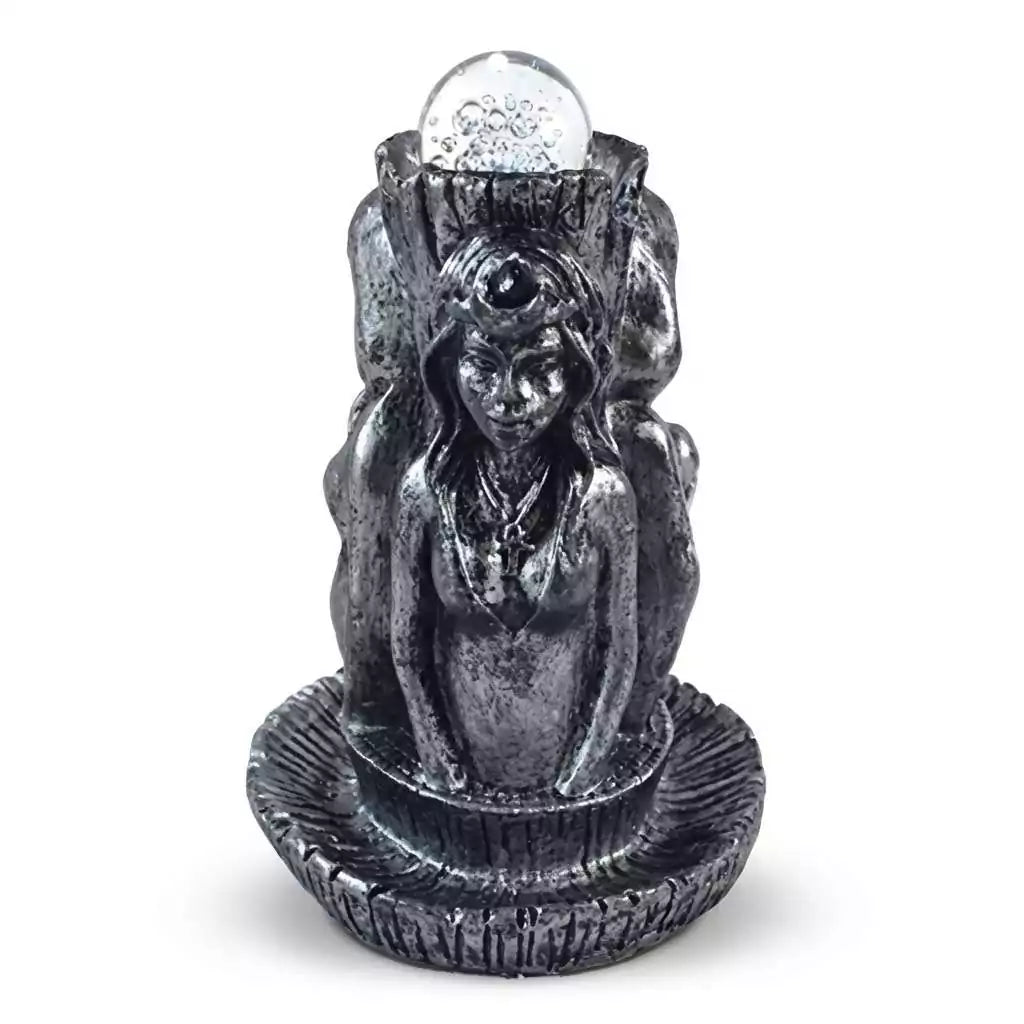 5-inch Mother Maiden Crone illuminated ball stand featuring a triple goddess figure with light, for holding a crystal ball as a Wiccan altar centerpiece.