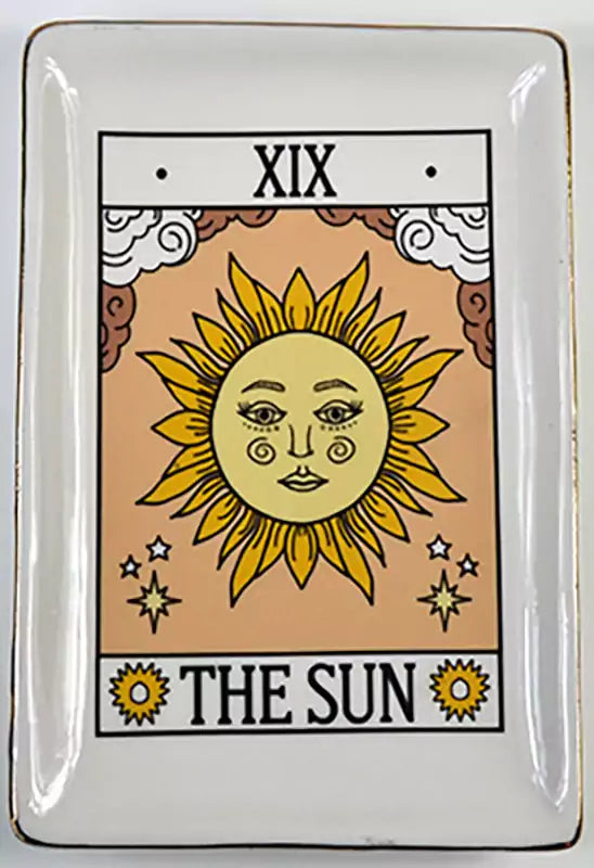 Ceramic Sun Tarot card dish 4.5 by 6.5 inches with The Sun illustrated in gold-toned edged tray for crystals and altar use