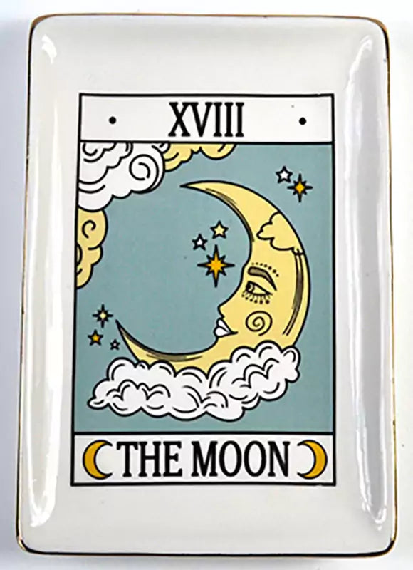 Moon tarot ceramic altar dish 4.5 by 6.5 inches showing the Moon tarot card design as a trinket tray for lunar ritual and crystal display