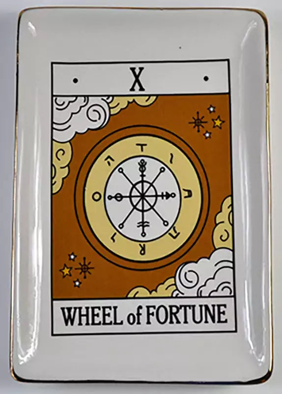 Wheel of Fortune tarot ceramic altar dish 4.5 by 6.5 inches showing tarot card design on trinket tray for altar and crystal display
