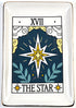 Ceramic dish featuring The Star tarot card motif with a prominent star design, surrounding clouds and foliage, gold edge trim, and tarot card labeling.