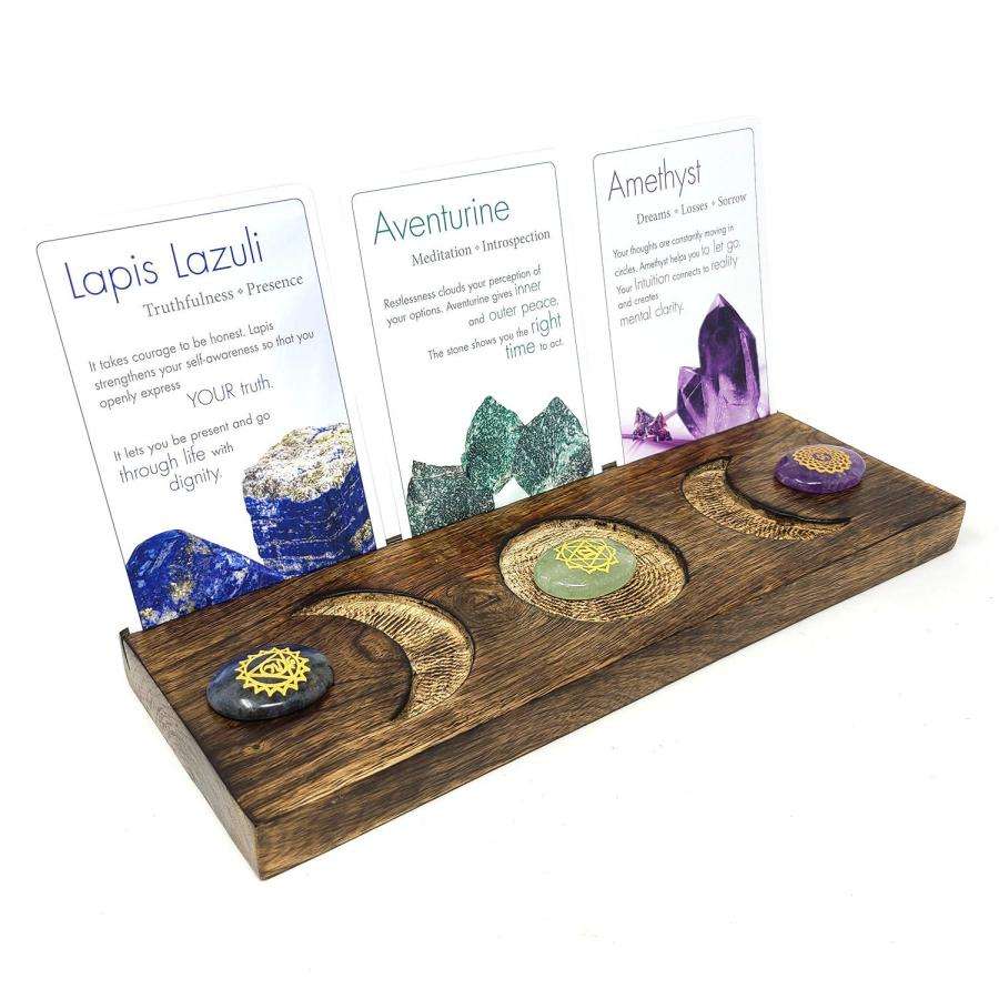 Triple Moon tarot card holder side view showing card slot and triple moon decorative base
