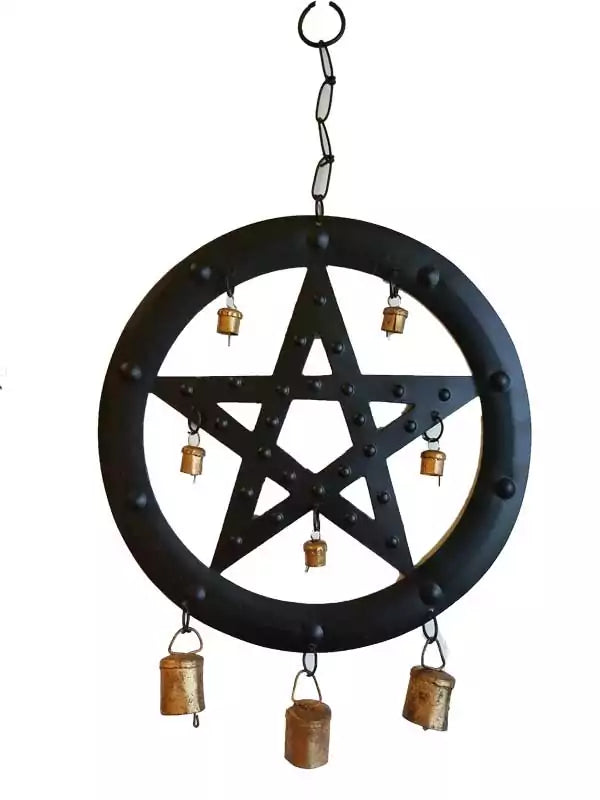 Black metal pentagram wind chime with protective five-pointed star design and hanging metal rods that create musical resonance in the wind.