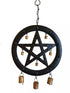 Black metal pentagram wind chime with protective five-pointed star design and hanging metal rods that create musical resonance in the wind.