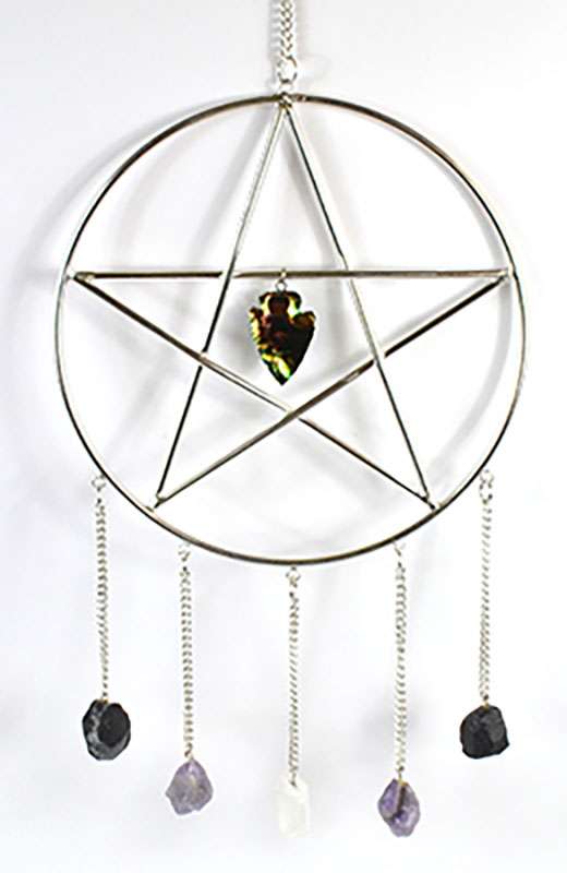 Pentagram wall hanging 15 by 6 inches with gemstones at points showing five-pointed star symbol with crystals for Wiccan altar wall display