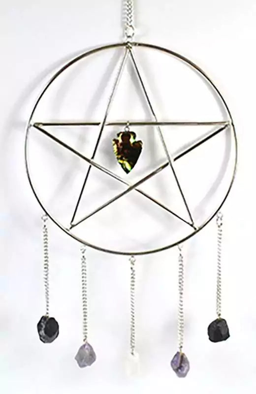 Pentagram wall hanging 15 by 6 inches with gemstones at points showing five-pointed star symbol with crystals for Wiccan altar wall display