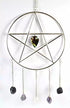 Pentagram wall hanging 15 by 6 inches with gemstones at points showing five-pointed star symbol with crystals for Wiccan altar wall display