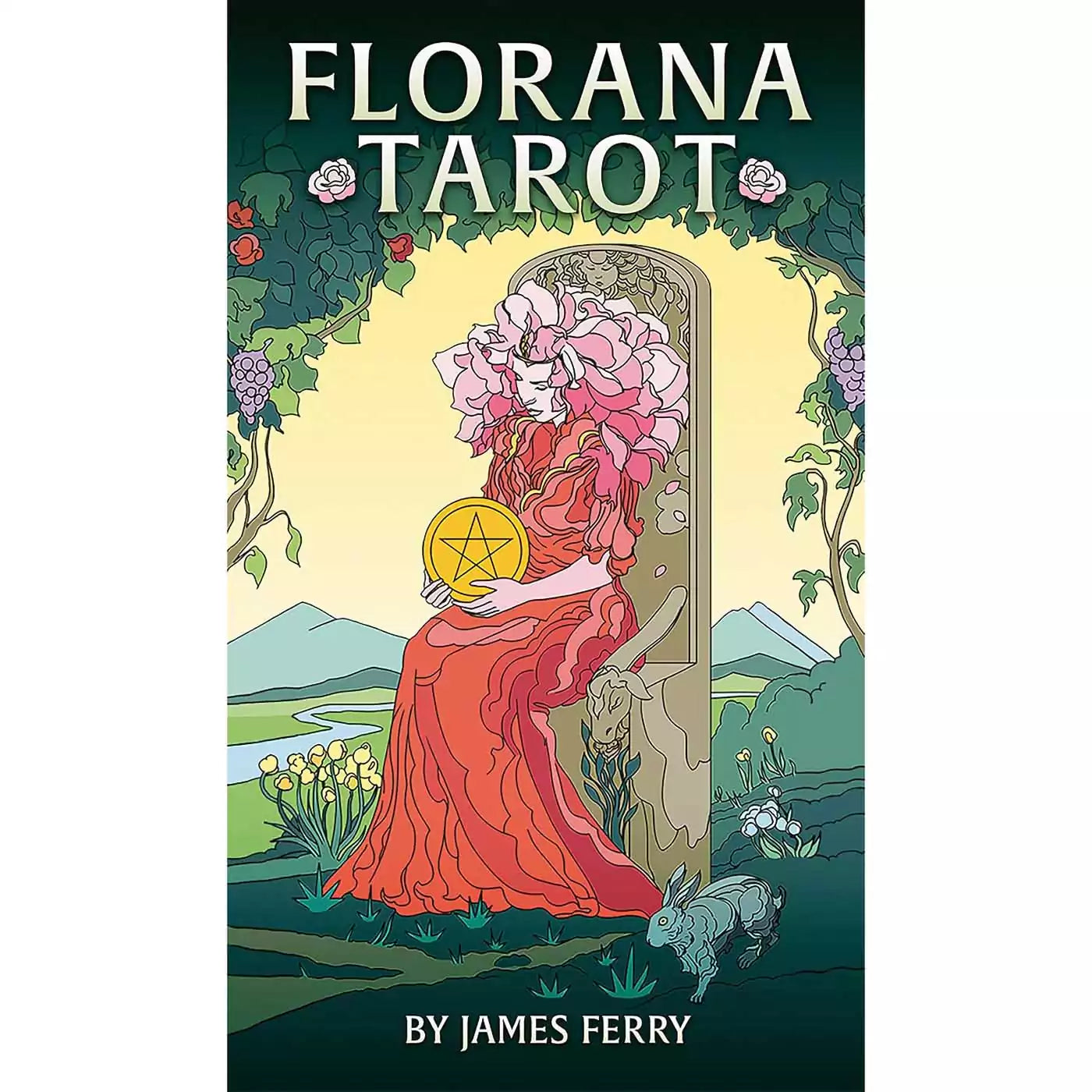 Florana Tarot box showing a figure with a peony crown seated in a rose and grape archway holding a pentacle, with rolling green landscape and rabbit at foreground, by James Ferry.