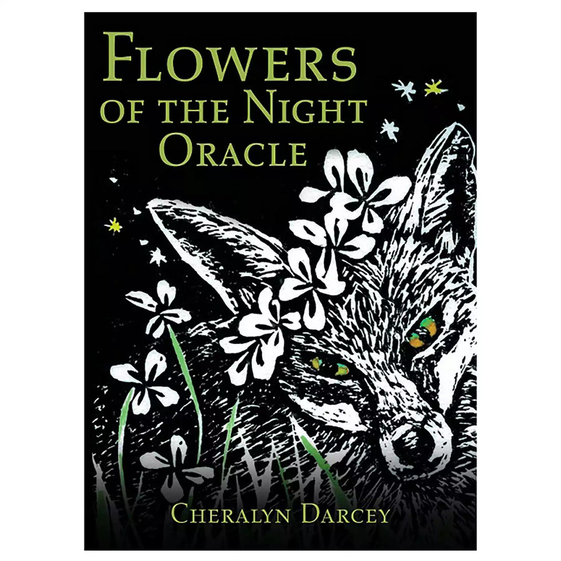Flowers of the Night Oracle card featuring black and white illustration of a fox adorned with night-blooming flowers, Cheralyn Darcey 44-card nocturnal botanical deck.