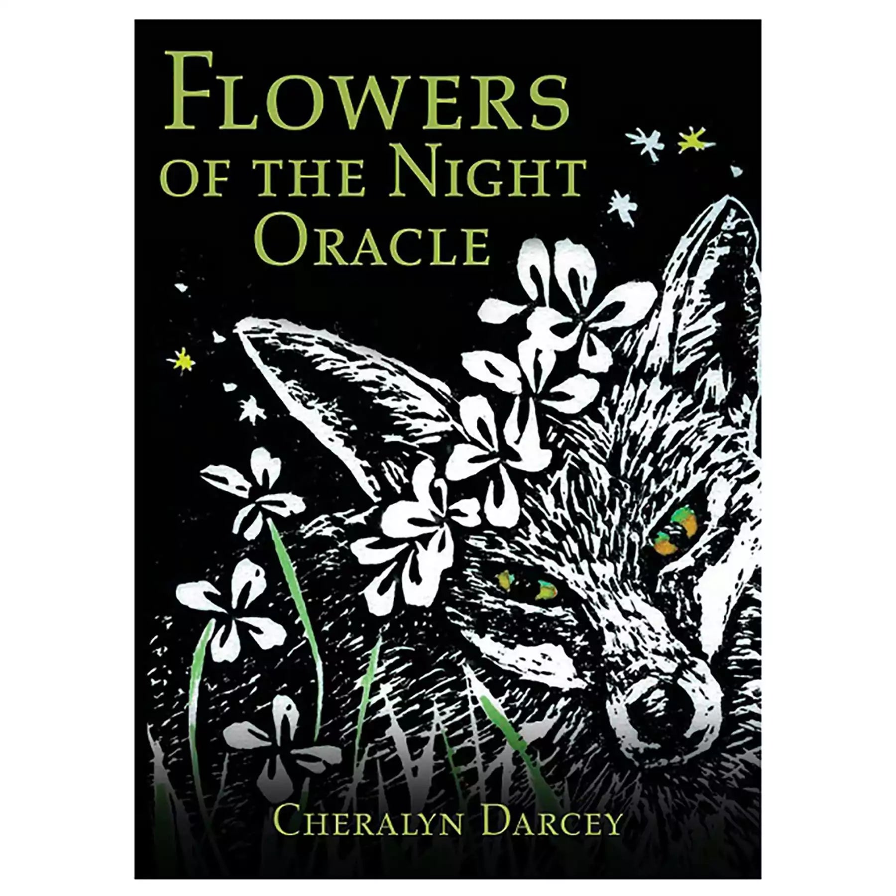 Flowers of the Night Oracle card featuring black and white illustration of a fox adorned with night-blooming flowers, Cheralyn Darcey 44-card nocturnal botanical deck.