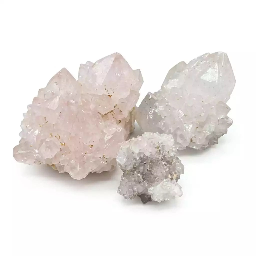 One pound bulk lot of spirit quartz specimens showing central crystal shafts covered in tiny secondary druzy points, the characteristic cactus quartz formation.