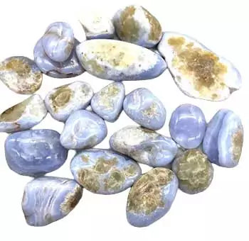 One pound polished blue lace agate tumbled stones in soft pale blue and white banding for throat chakra calm bulk crystal lot