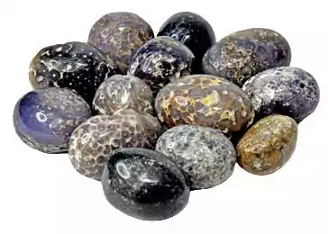 One pound bulk lot of tumbled grape agate stones showing purple botryoidal cluster formations in lavender and deep violet shades, rare Indonesian collector crystals.