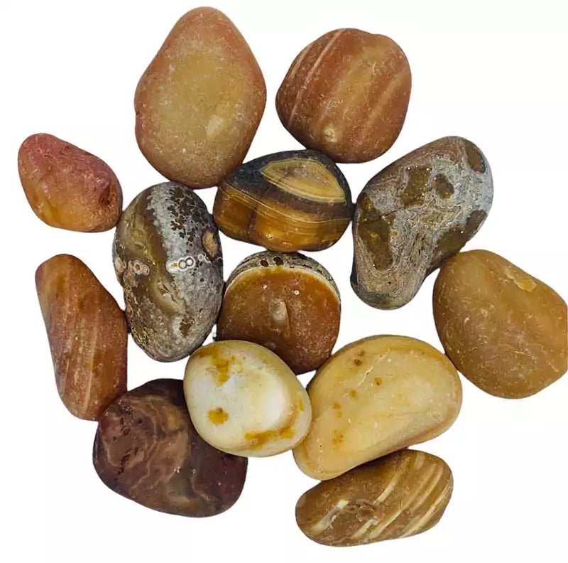 One pound of bulk tumbled natural agate pebbles in assorted earthy tones, for grounding crystal grids, altar bowls, and protective stone work.