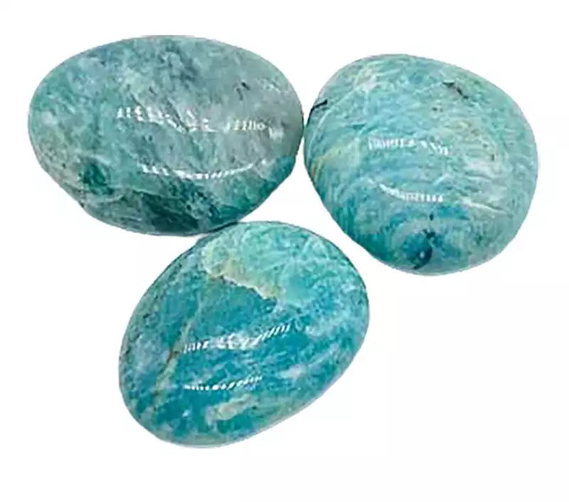 One pound of bulk tumbled amazonite pebbles in bright turquoise-green for throat chakra work, truth and calm crystal grids, and apothecary supply.
