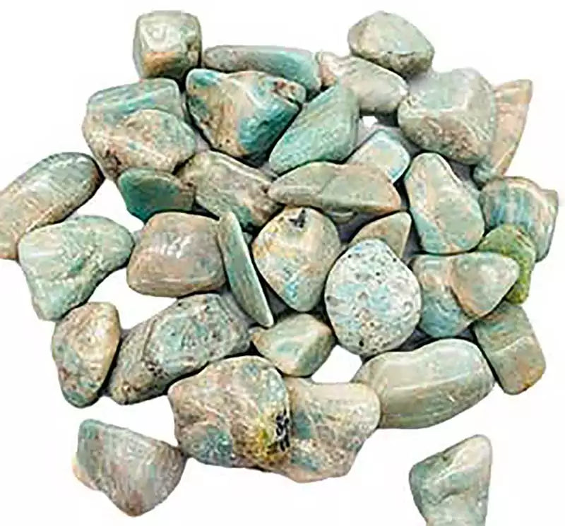 One-pound bag of smooth teal-green amazonite tumbled feldspar stones for truth communication anxiety relief and heart-throat chakra bridge work