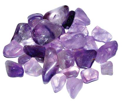 Amethyst tumbled stones 1 lb bulk — collection of smooth polished purple amethyst pieces in various shapes and violet hues for crown chakra work.