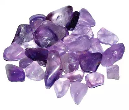 Amethyst tumbled stones 1 lb bulk — collection of smooth polished purple amethyst pieces in various shapes and violet hues for crown chakra work.