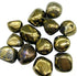 A collection of chalcopyrite tumbled peacock ore stones showing rainbow iridescence of gold, blue, and purple colors, sold in 1 lb bulk for abundance work.