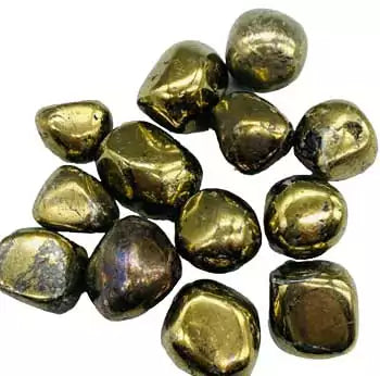 A collection of chalcopyrite tumbled peacock ore stones showing rainbow iridescence of gold, blue, and purple colors, sold in 1 lb bulk for abundance work.