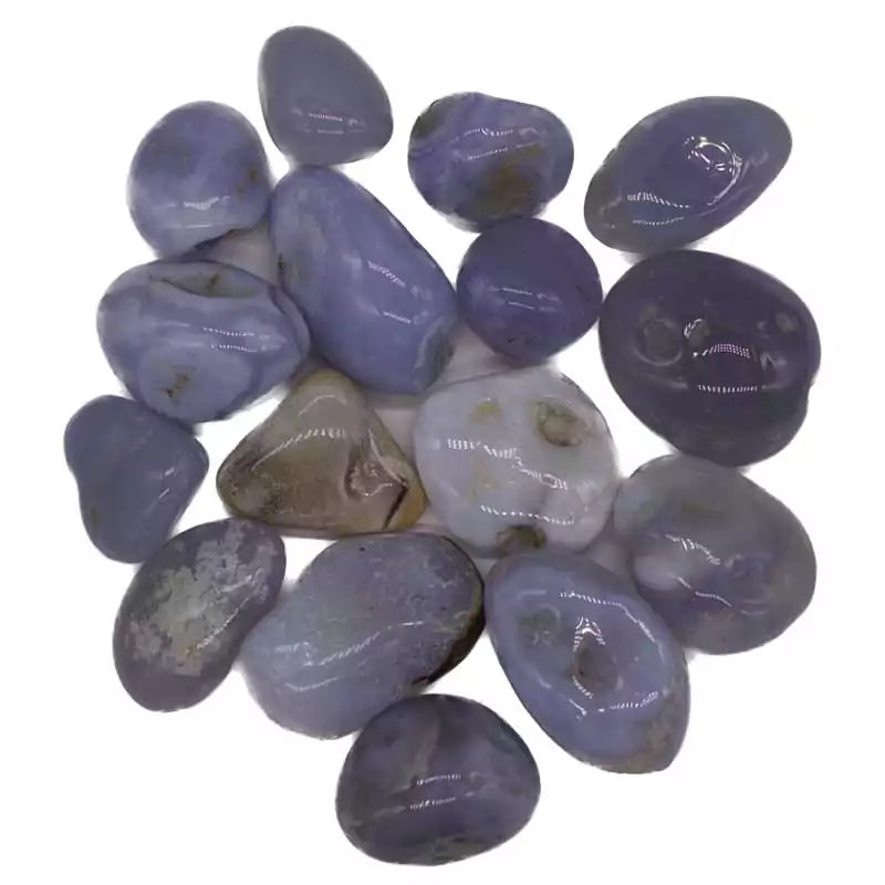 One pound bulk lot of polished blue chalcedony tumbled pebbles in soft sky-blue tones — throat chakra crystals for healing and grid work.