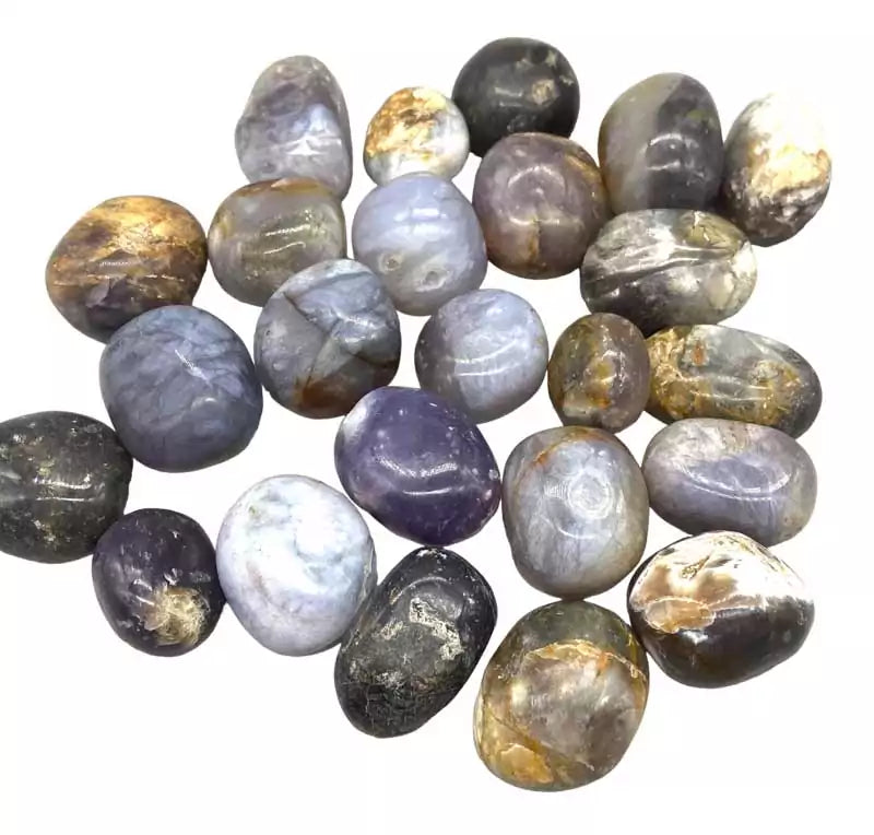 One pound bulk lot of purple and white chalcedony tumbled stones in soft lavender hues — calming crown chakra crystal collection.