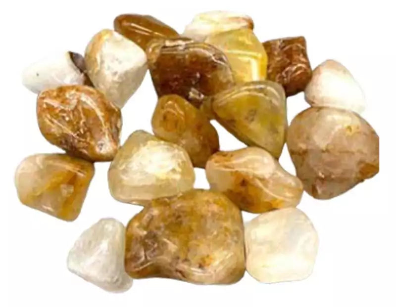 1 lb golden healer quartz pebbles showing quartz stones with golden-yellow iron oxide coating in various sizes for solar plexus work.