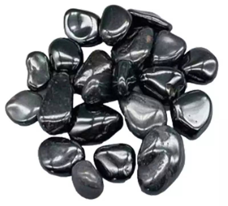 1 pound bag of polished hematite tumbled stones in metallic gray showing natural iron-rich luster, used for grounding and protection crystal work.