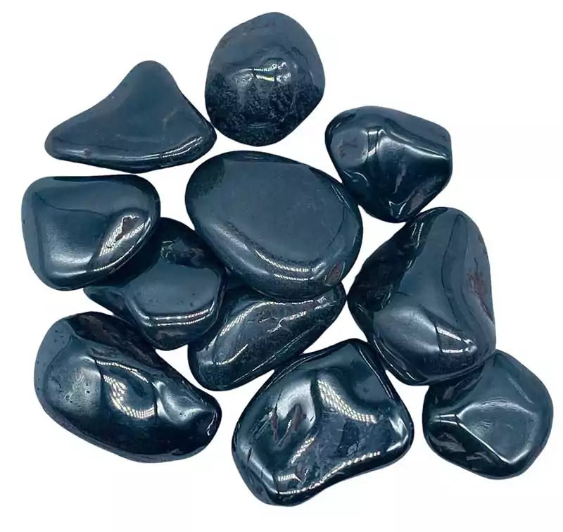 One pound of bulk tumbled hematite pebbles with metallic silver-gray polished surface for grounding, protection, and EMF-shielding crystal work.
