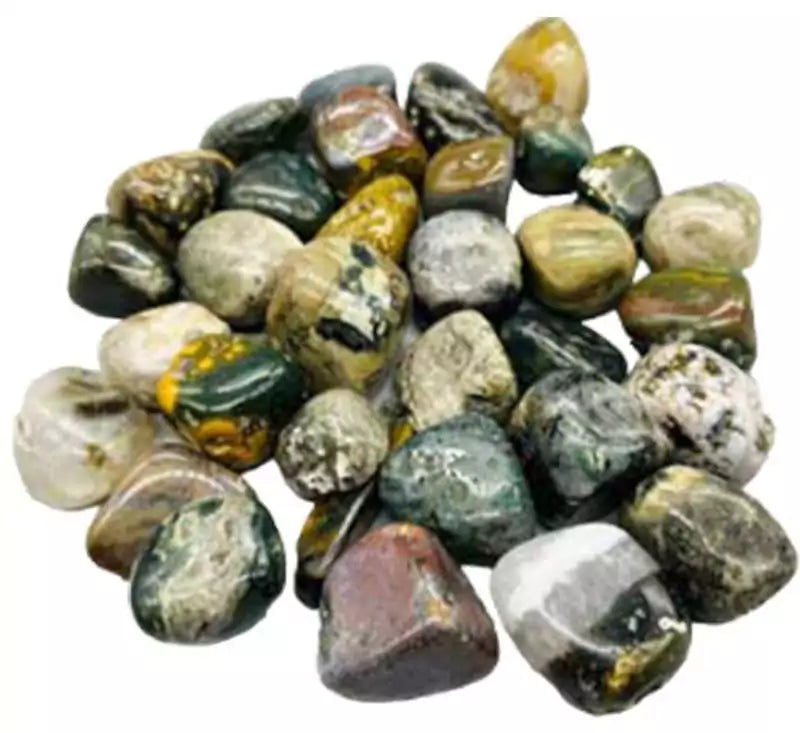 One-pound collection of smooth colorful ocean jasper tumbled stones with orbicular patterns in green pink and white from Madagascar for joy emotional healing and patience