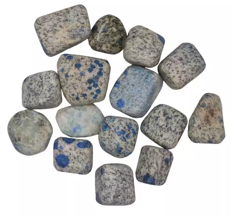 One-pound collection of smooth K2 Afghani stone tumbled pieces white granite with vivid blue azurite spheres for third eye crown chakra and grounded spiritual work