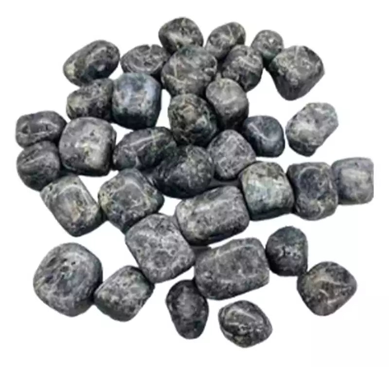 One pound polished larvikite tumbled stones showing black Norwegian feldspar with silver-blue flash for protection and grounding bulk lot