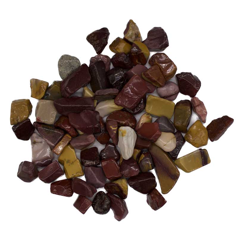 One pound bulk lot of 12-15mm mookaite tumbled nuggets in vibrant red, yellow, and cream tones — Australian jasper grounding and vitality crystal collection.