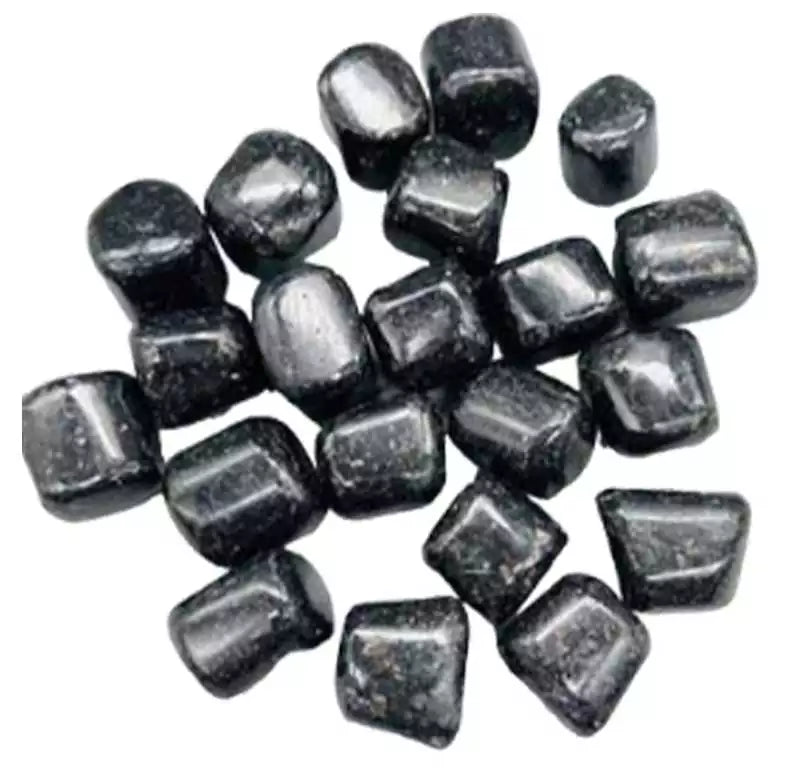 One-pound collection of smooth black nuummite tumbled stones with iridescent gold flame reflections for shadow work psychic protection and deep transformation