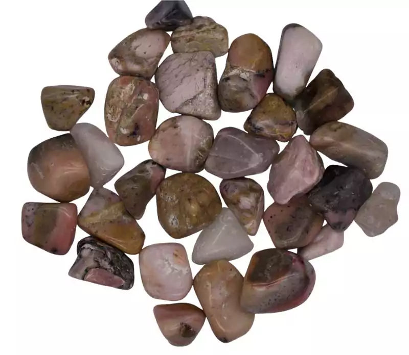 One-pound collection of smooth Andean pink opal tumbled stones in soft pink and cream for heart chakra emotional healing love magic and self-compassion