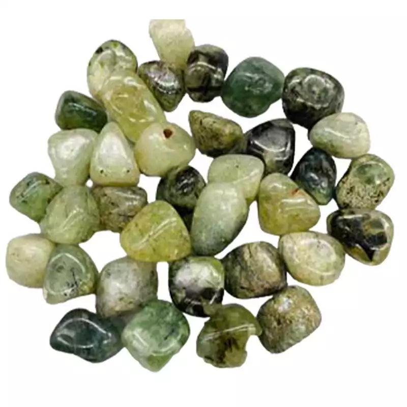 One-pound collection of smooth pale green prehnite with dark epidote tumbled stones for peace spiritual alignment psychic clarity and heart chakra work